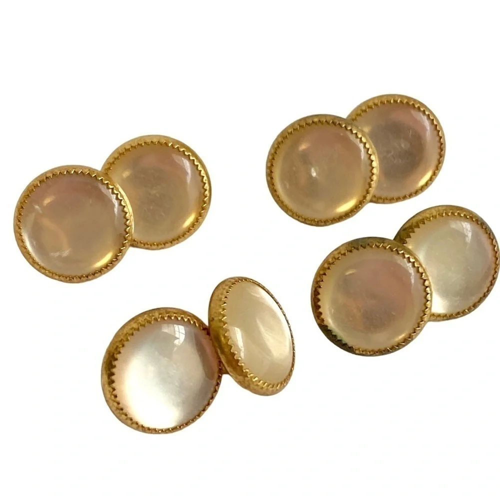 Vintage French Cufflinks Mother Of Pearl 10K Gold Moon Glow MOP 2 Pairs‎ Set